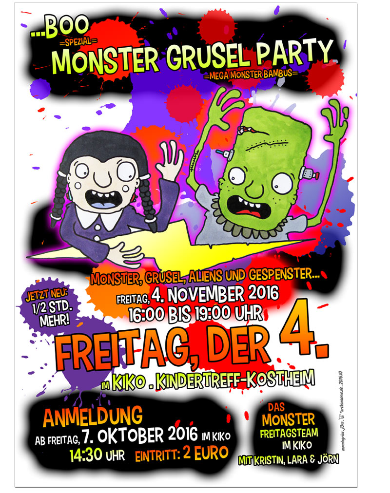 Plakat A4 Monster Grusel Party vom Freitagsteam im KiKo . Kindertreff Kostheim . Mainz-Kostheim . 2011.11